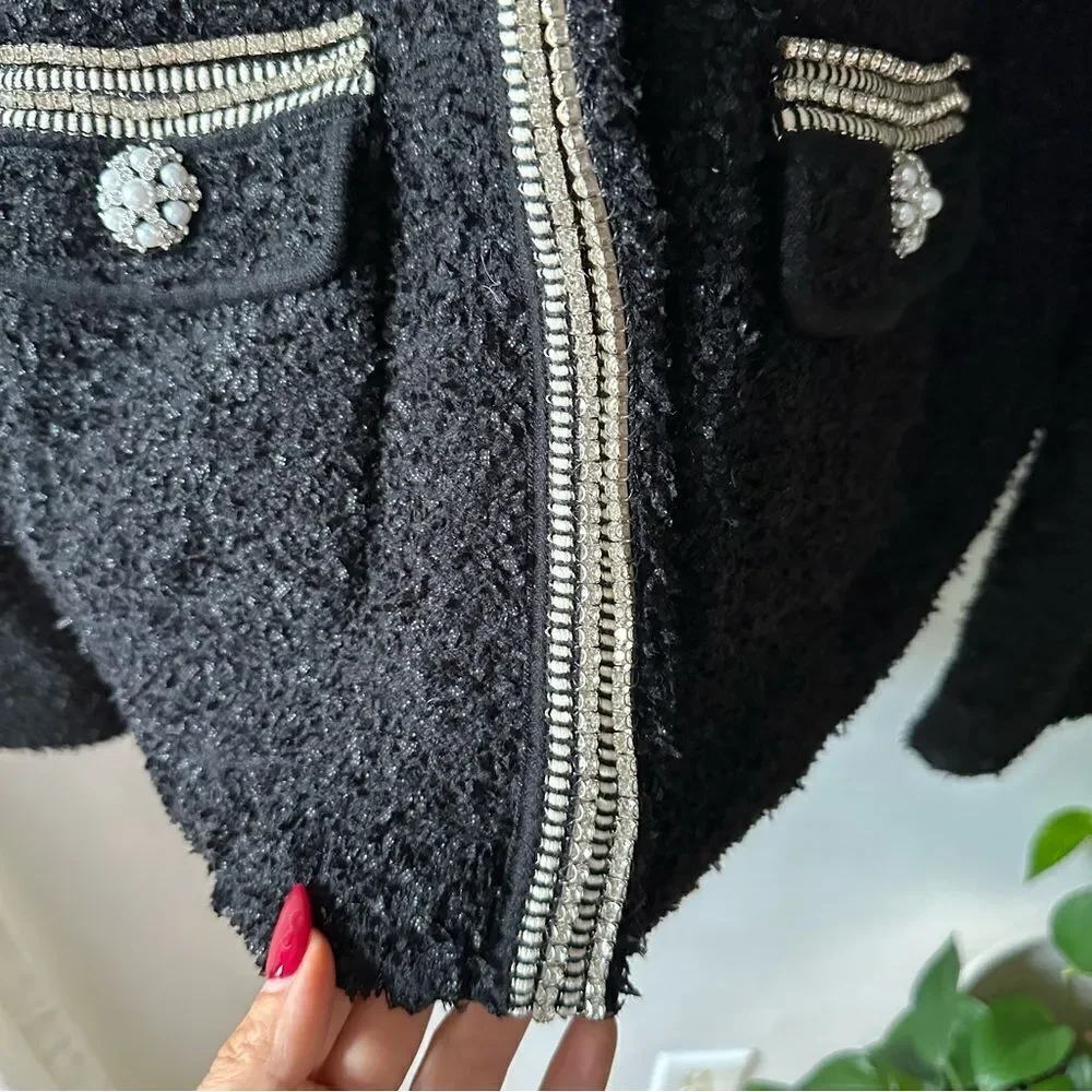 SELF-PORTRAIT Black Tape Knit Crystal-Embellished Bouclé Cardigan